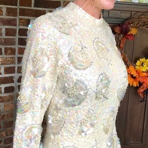 White longsleeve beaded evening down